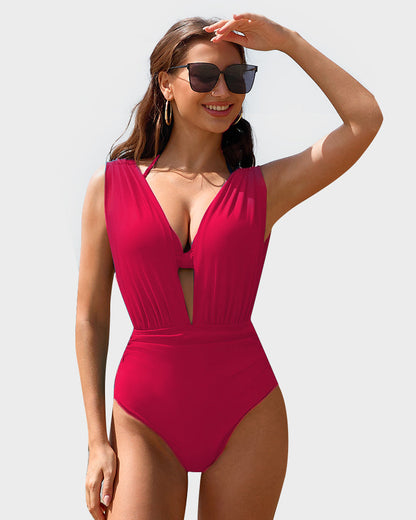 Two-Piece Deep Plunge Swimsuit with Halter Bra Overlay