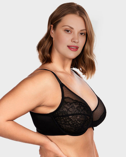 Full Coverage Lace Minimizer Bra - Petal-Black